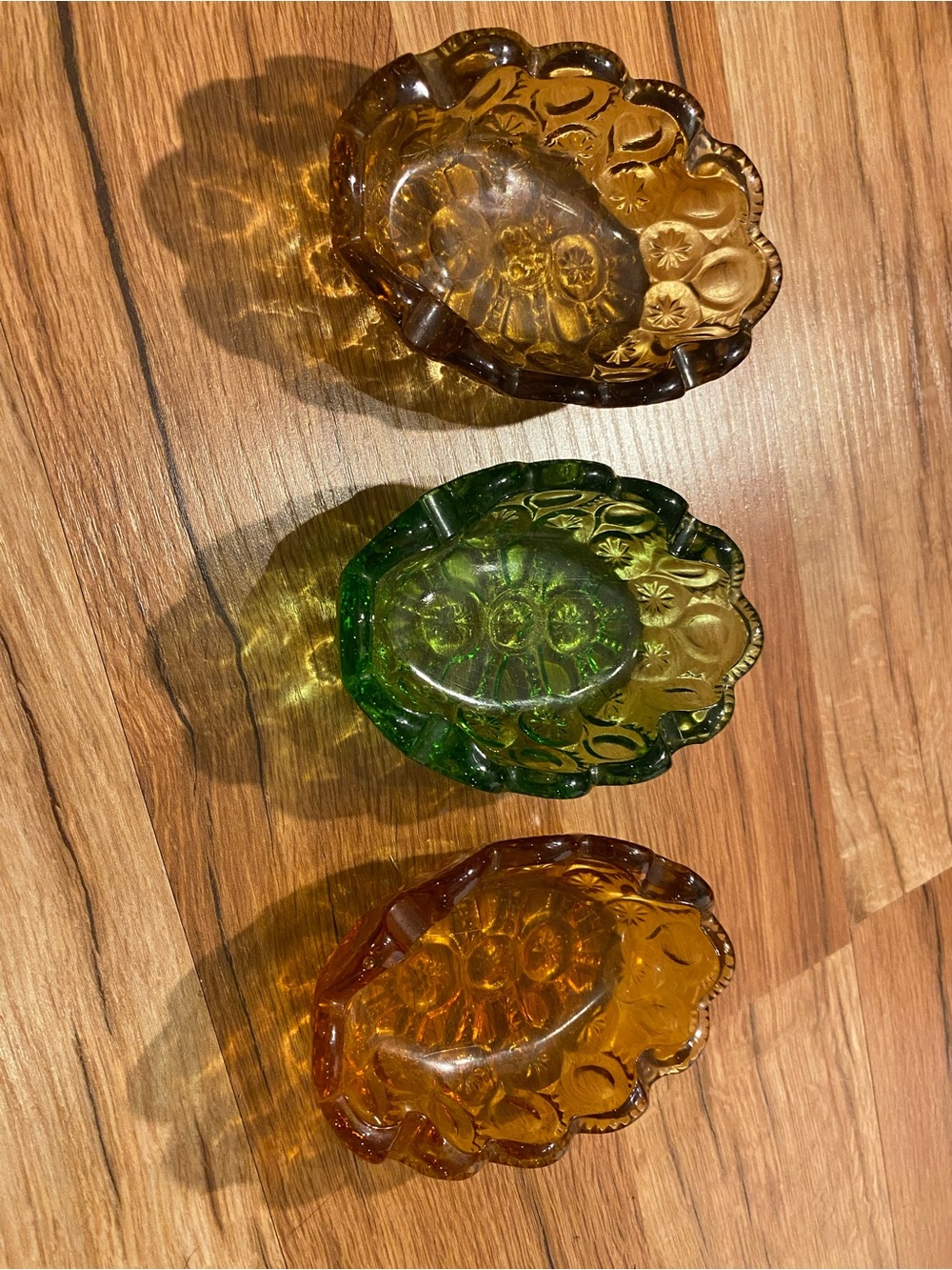 L.E. Smith MOON & STARS Green Amber Glass Ashtray Trinket Vanity Dish Vintage 3
